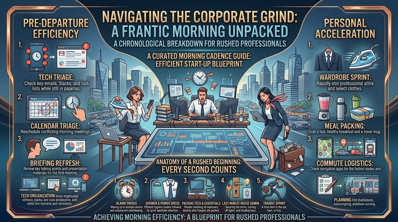 what a typical frantic morning looks like for a fast paced corporate worker here