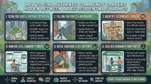 how to find authentic community gardens hidden between large residential buildings here