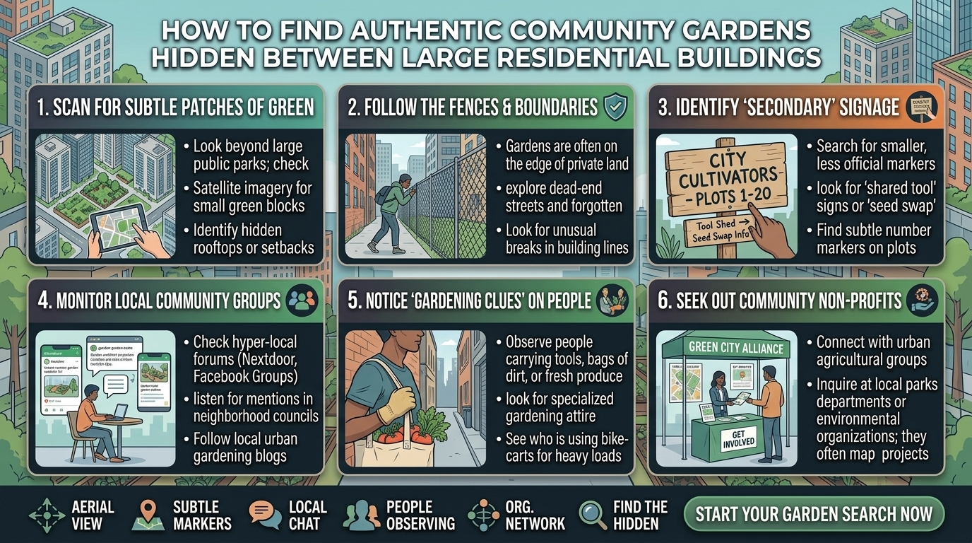 how to find authentic community gardens hidden between large residential buildings here