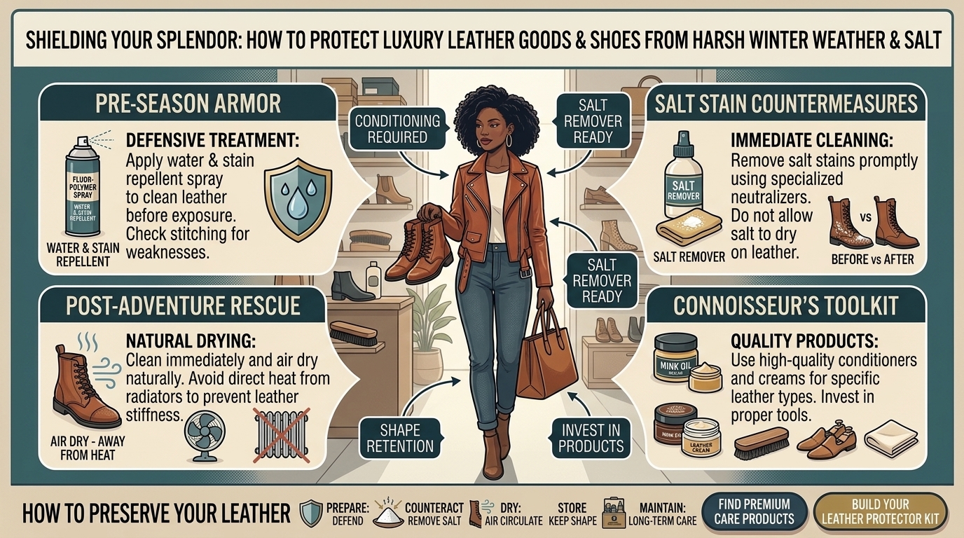 how to protect your luxury leather goods and shoes from harsh winter weather salt