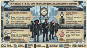 why dark muted color palettes dominate the wardrobes of everyday commuters in winter
