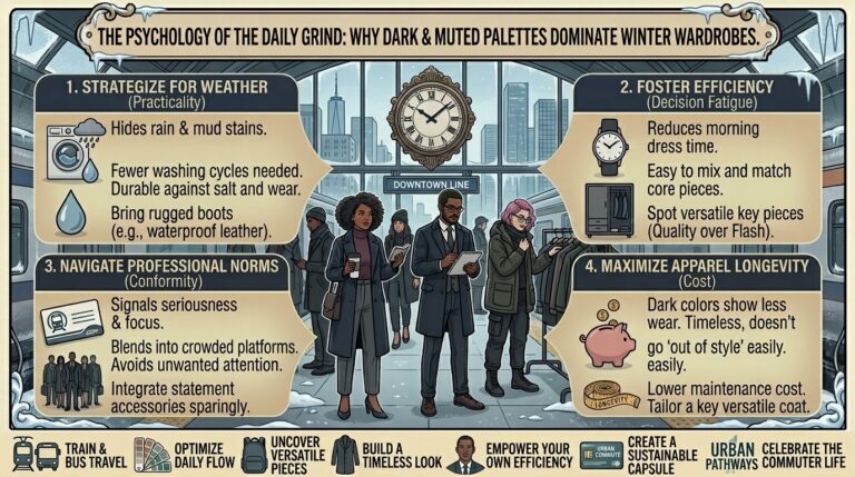 Why dark muted color palettes dominate the wardrobes of everyday commuters in winter