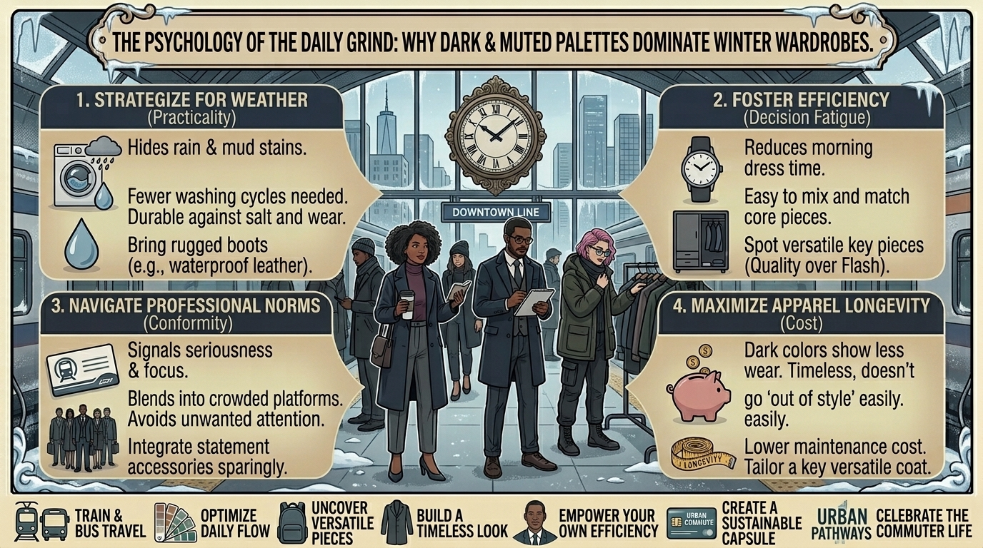 why dark muted color palettes dominate the wardrobes of everyday commuters in winter