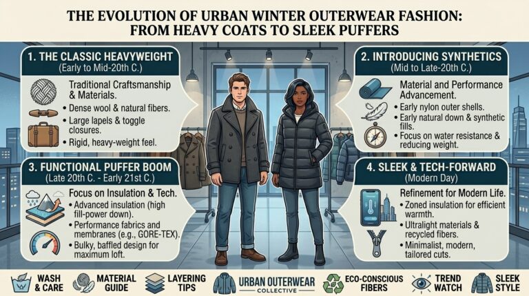 The evolution of urban winter outerwear fashion from heavy coats to sleek puffers