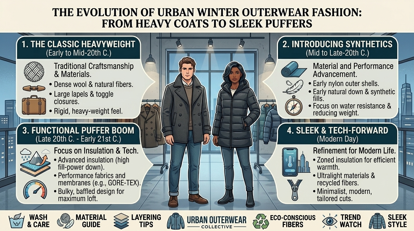 the evolution of urban winter outerwear fashion from heavy coats to sleek puffers