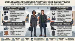 how to dress appropriately for a trendy art gallery opening in chelsea tonight