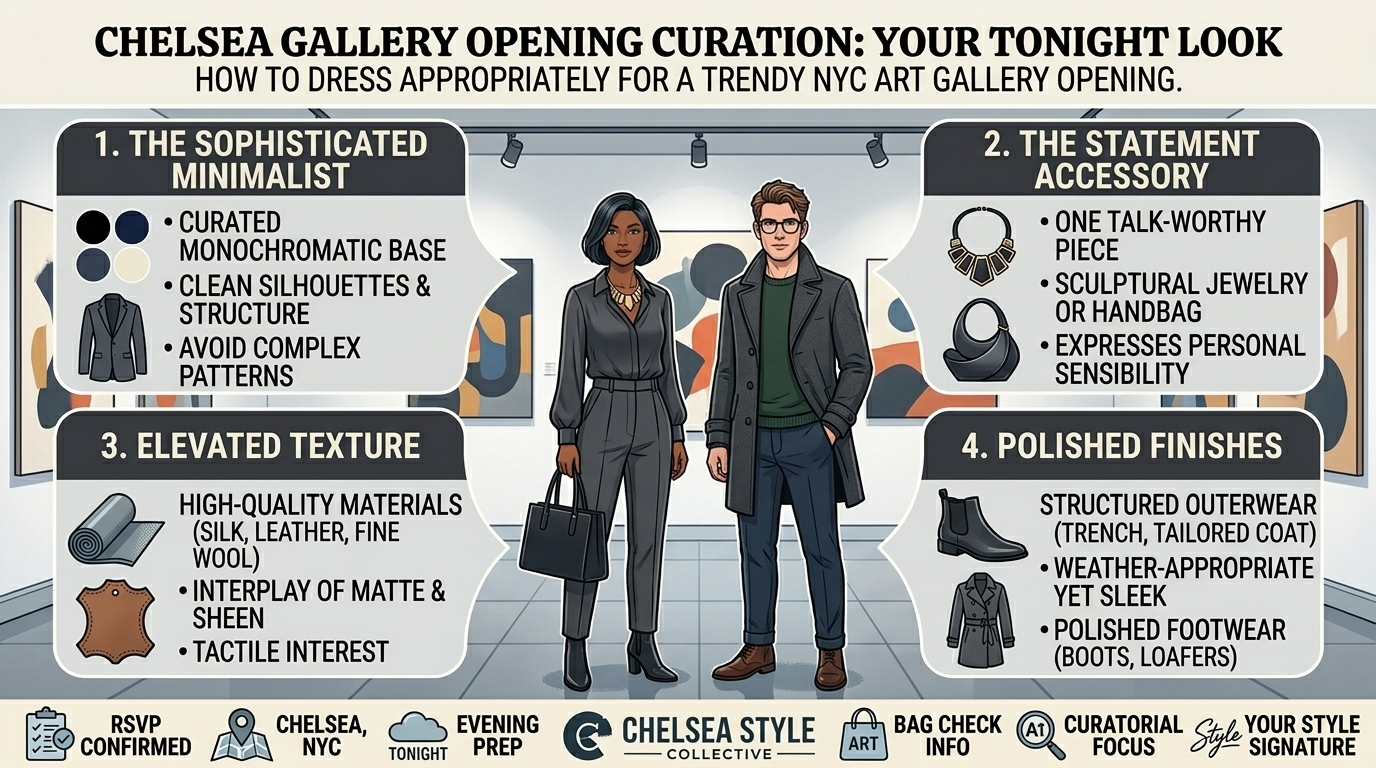 how to dress appropriately for a trendy art gallery opening in chelsea tonight