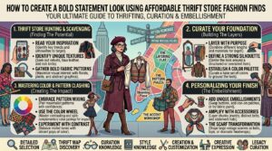 how to create a bold statement look using affordable thrift store fashion finds