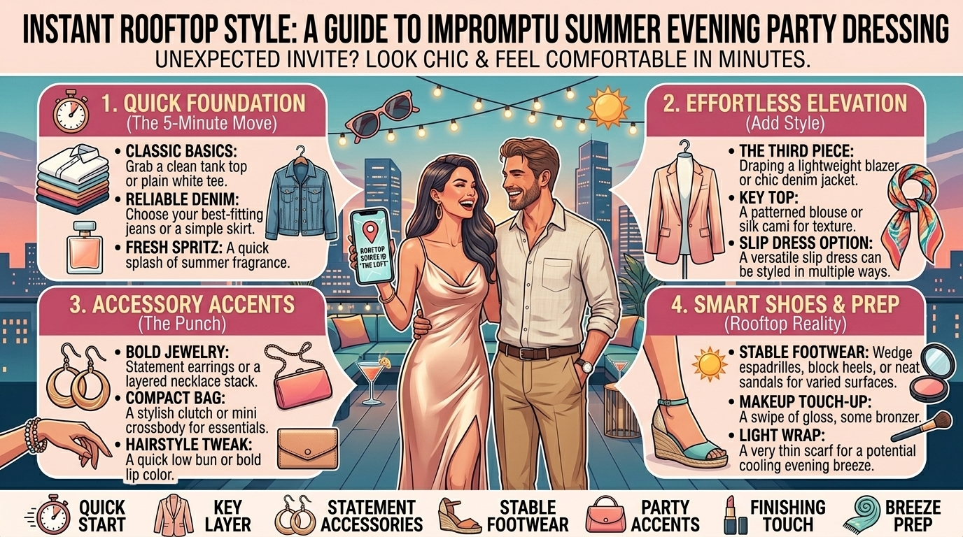 how to dress for an impromptu rooftop party during a warm summer evening