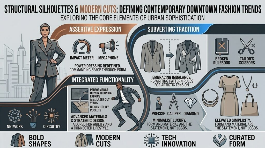 Why structural silhouettes and modern cuts define contemporary downtown fashion trends