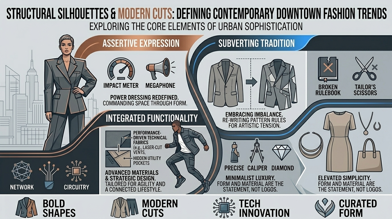why structural silhouettes and modern cuts define contemporary downtown fashion trends