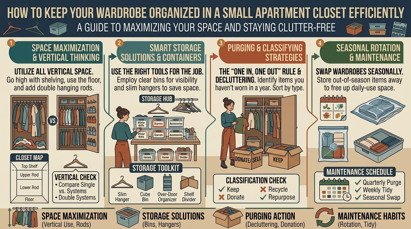 how to keep your wardrobe organized in a small apartment closet efficiently