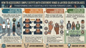 how to accessorize simple outfits with statement rings and layered silver necklaces