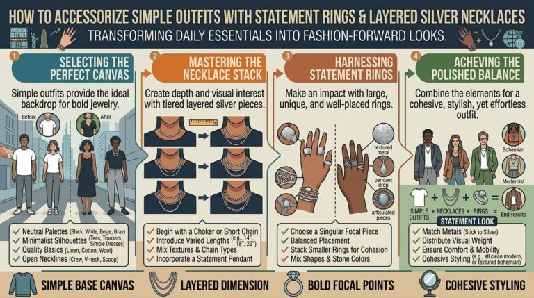 How to accessorize simple outfits with statement rings and layered silver necklaces