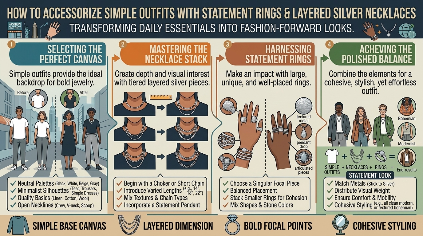 how to accessorize simple outfits with statement rings and layered silver necklaces