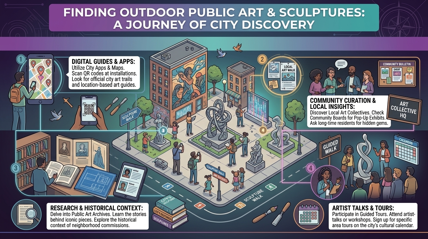 how to find outdoor public art installations and sculptures scattered around the city