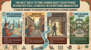 how to find quiet courtyards tucked away behind historic churches in downtown manhattan