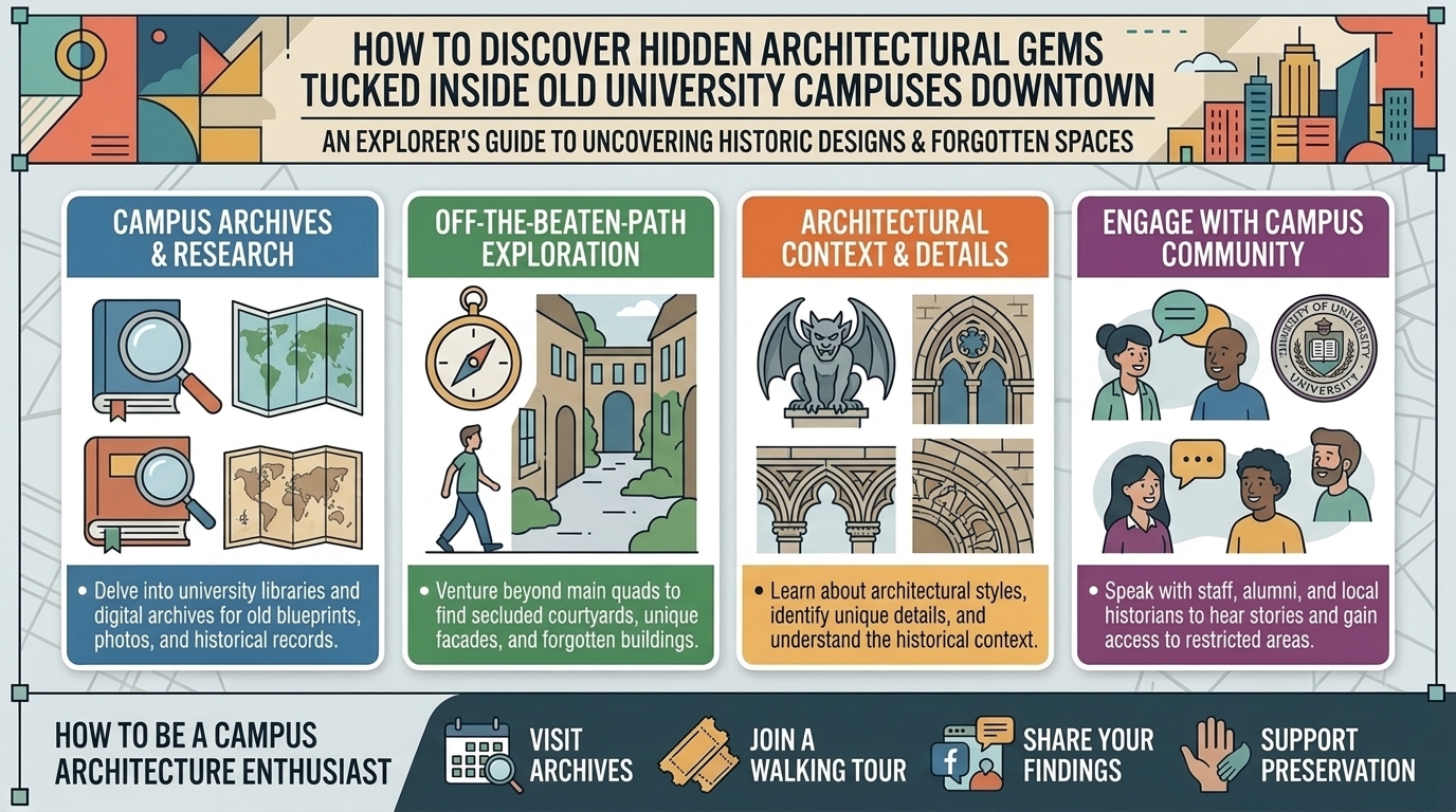 how to discover hidden architectural gems tucked inside old university campuses downtown