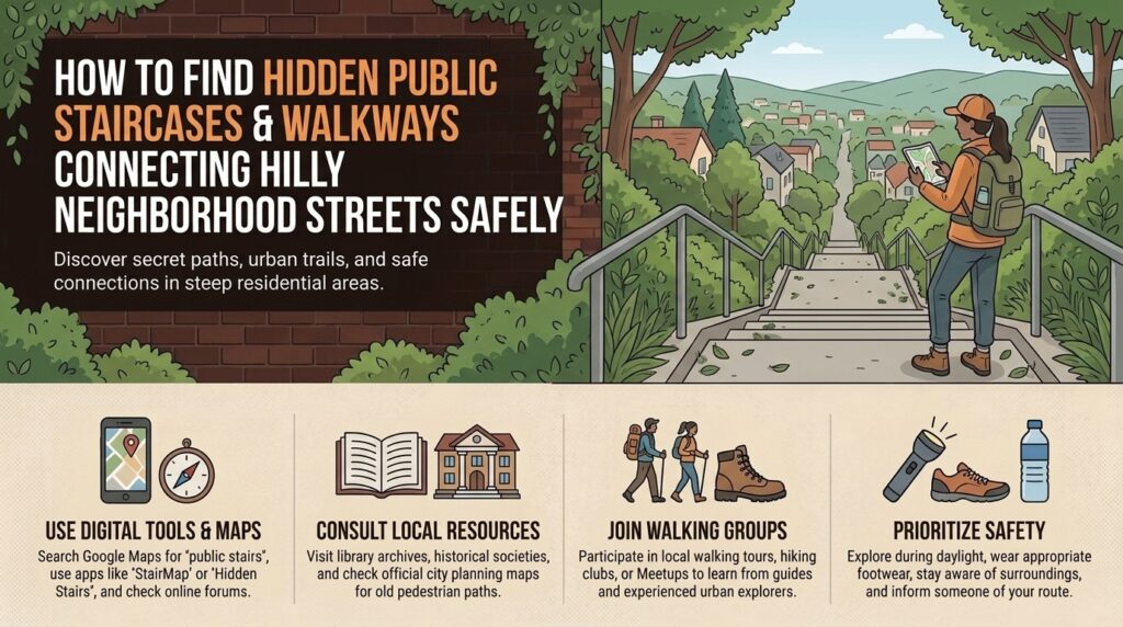 How to find hidden public staircases and walkways connecting hilly neighborhood streets safely