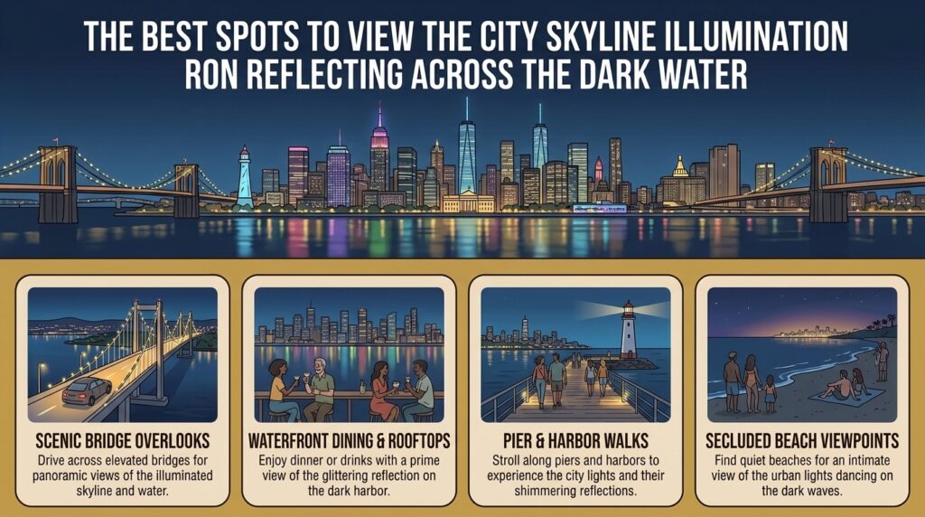 The best spots to view the city skyline illumination reflecting across the dark water