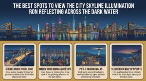 the best spots to view the city skyline illumination reflecting across the dark water