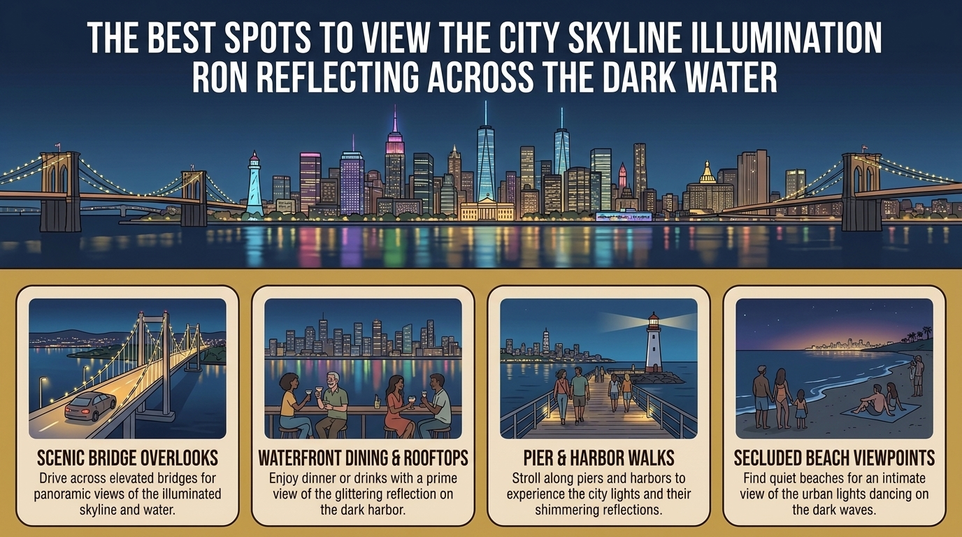 the best spots to view the city skyline illumination reflecting across the dark water