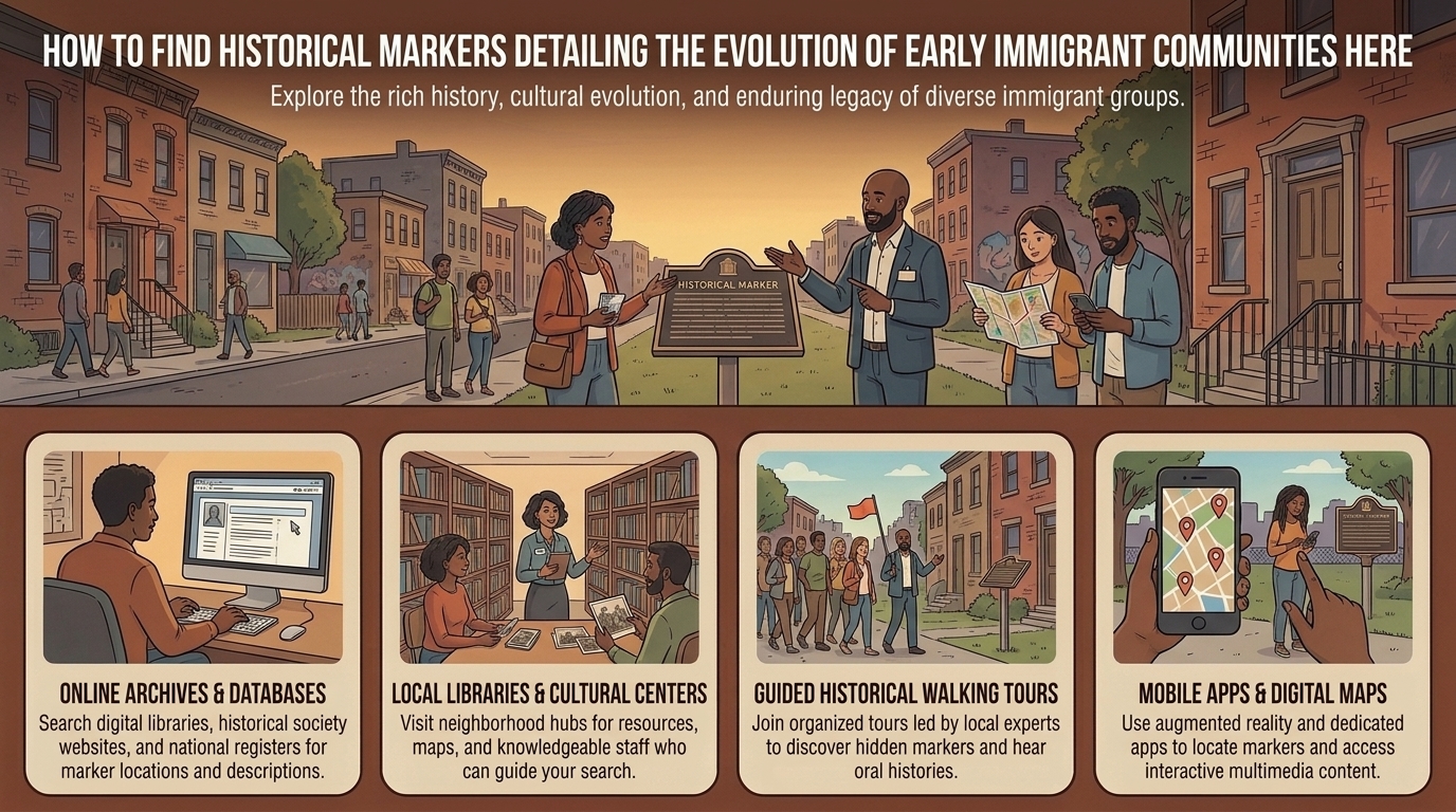 how to find historical markers detailing the evolution of early immigrant communities here