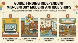 where to find independent antique shops selling rare mid century furniture and decor
