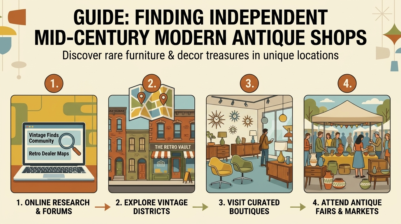 where to find independent antique shops selling rare mid century furniture and decor