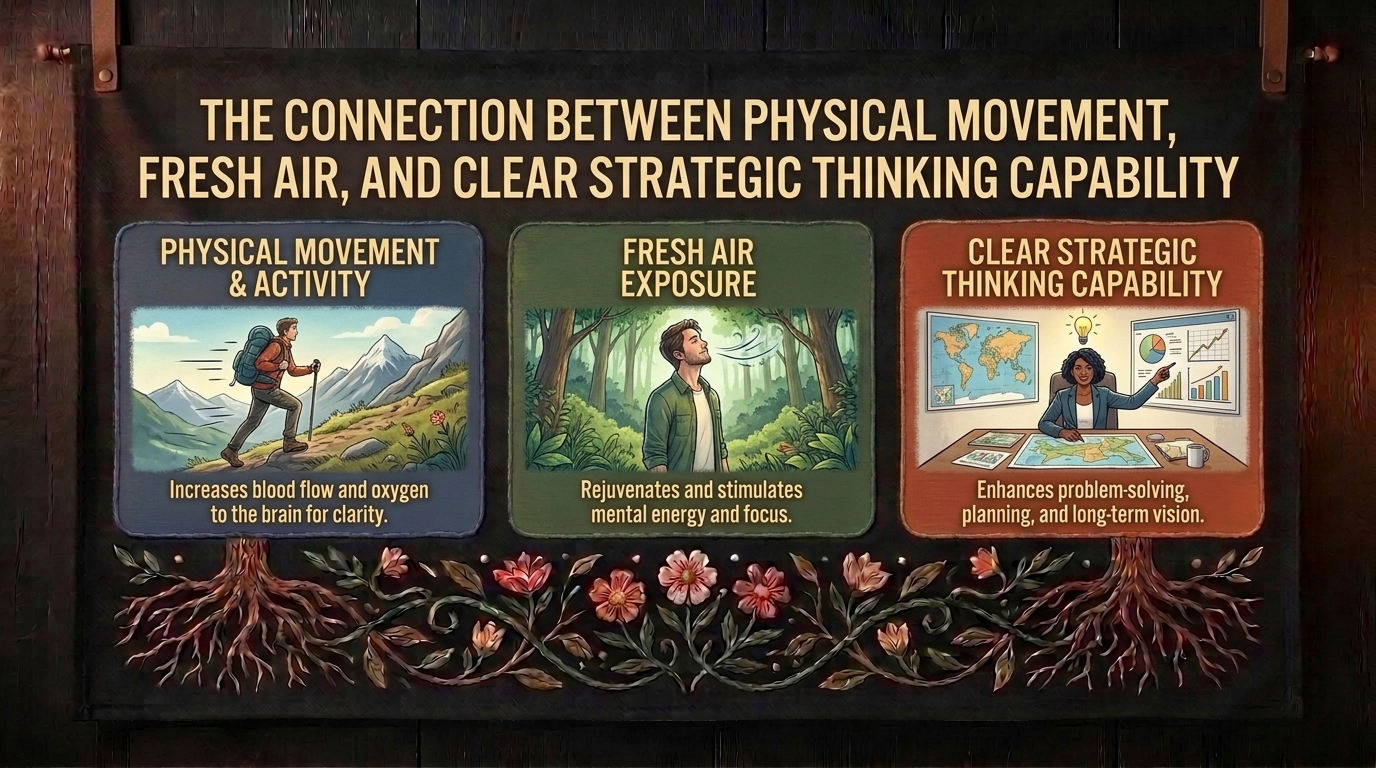 the connection between physical movement, fresh air, and clear strategic thinking capability